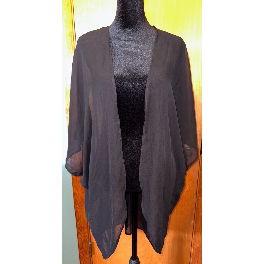 Moss Rose Black Sheer Chiffon Open Front Kimono Cardigan Cover Up One Size